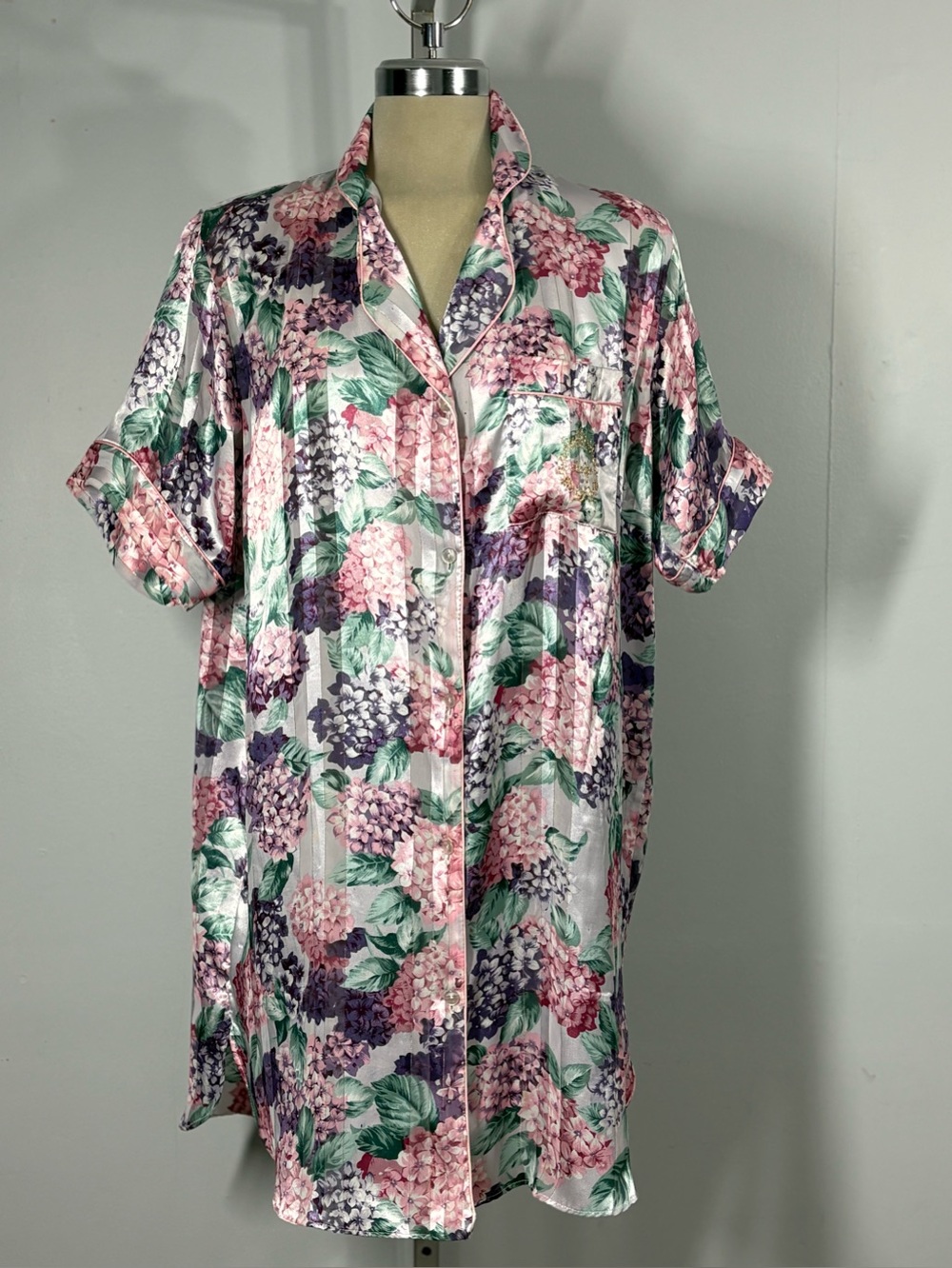 Adolfo Hydrangea Satin Nightshirt - Pink, Purple & Green